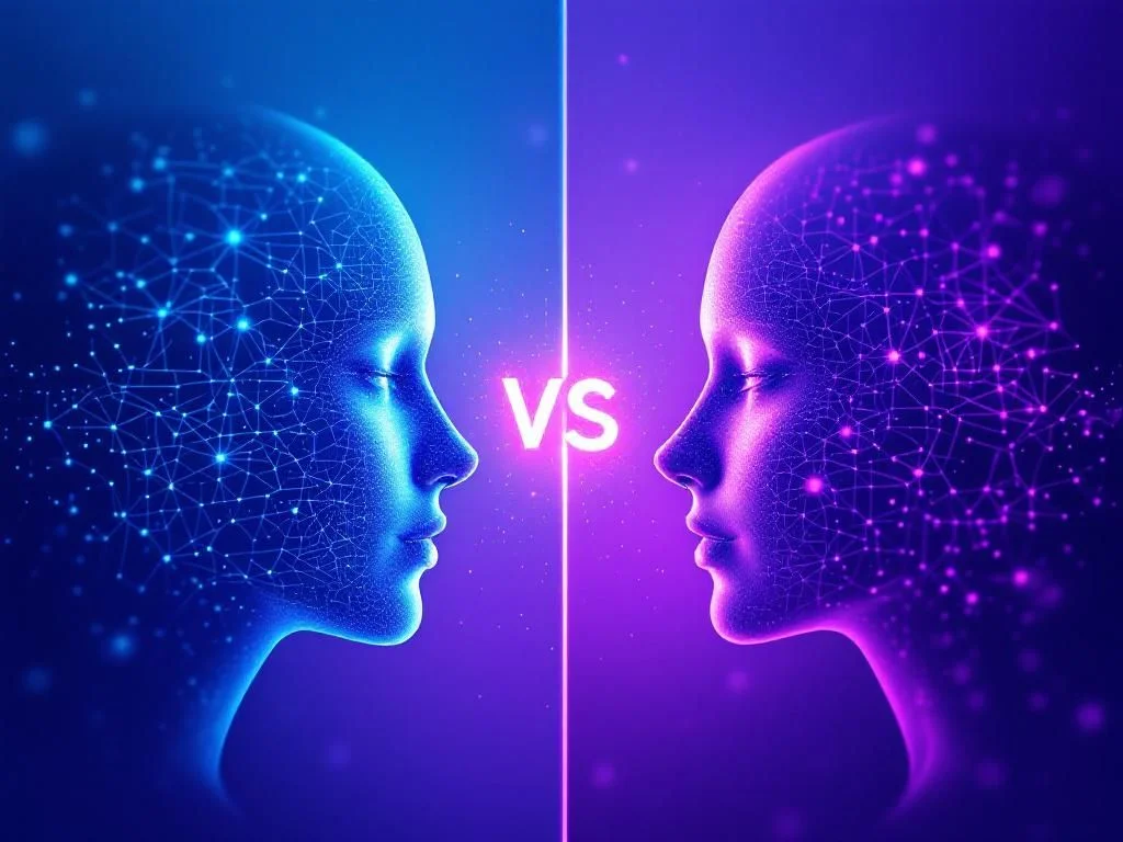 Futuristische Vergleichsgrafik der besten KI-Tools für Content-Erstellung mit technologischen Modell-Symbolen und innovativer Darstellung