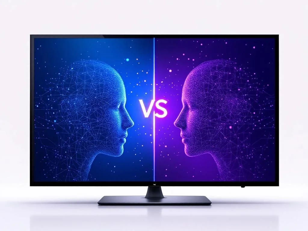 Футуристическая инфографика сравнения Claude и GPT-4o с технологическими иконками и визуализацией данных