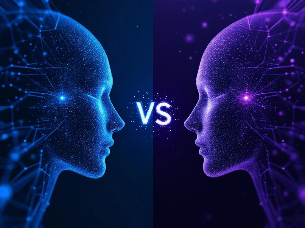 Technische Infografik mit DeepSeek und Gemini Modell-Symbolen, die KI-Leistungen für Geschäftsanwendungen vergleichen