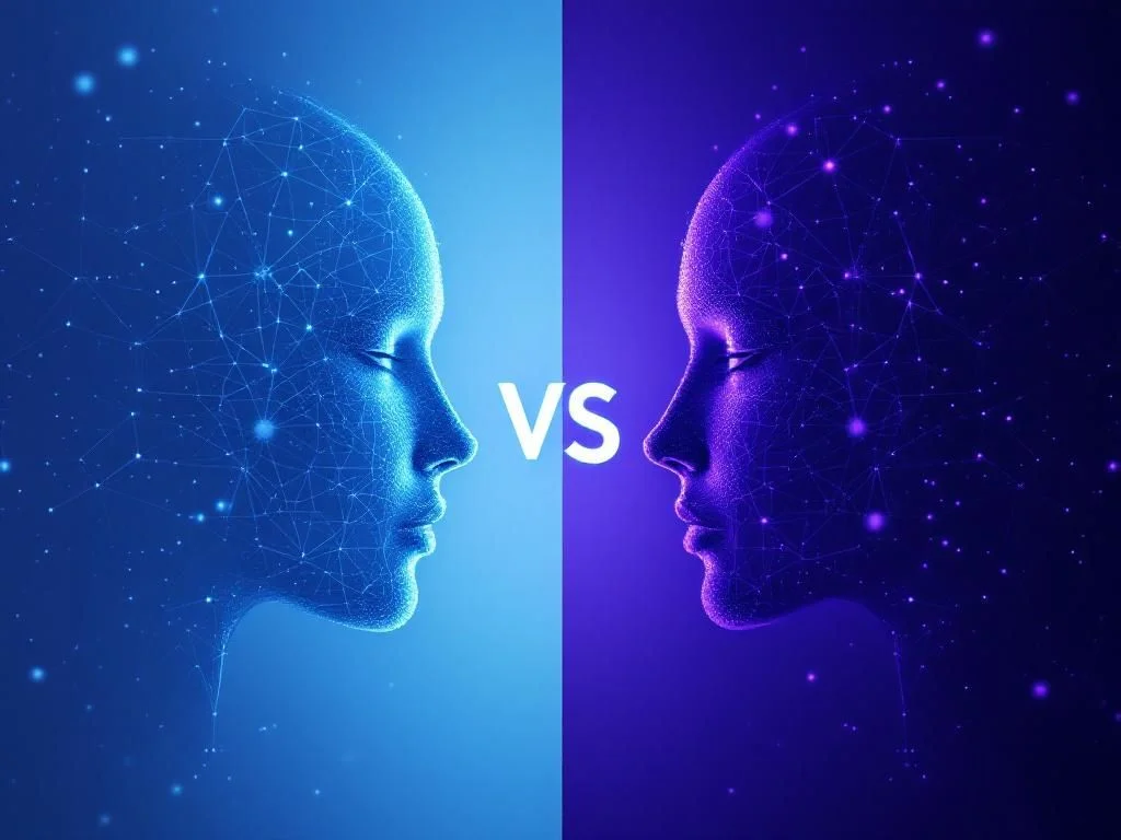 Futuristische Vergleichsgrafik der kostenlosen KI-Modelle Gemini 2.0 Flash und Qwen Plus 0728 mit technologischer Visualisierung