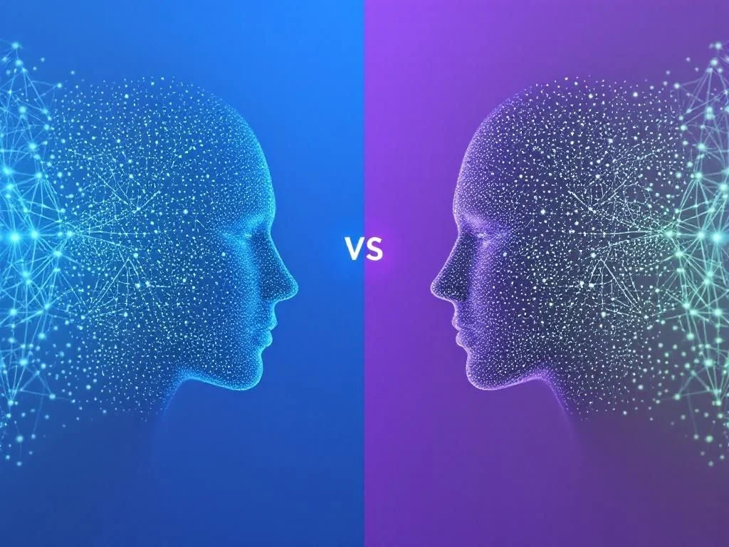 Gráfico comparativo de Perplexity AI y ChatGPT con visualización tecnológica futurista e iconos de modelos de investigación
