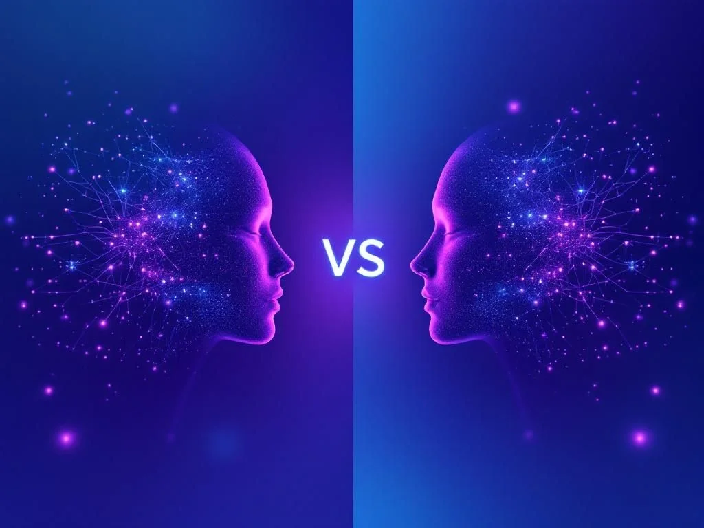 Technologische Infografik mit Vergleichsdaten und Symbolen der KI-Sprachmodelle Trinity Mini und Mistral 7B