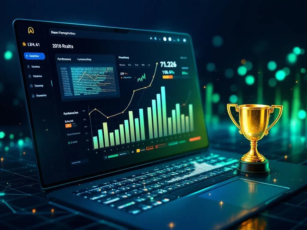 Graphique comparatif futuriste des performances des modèles d'IA avec des graphiques dynamiques et des icônes de plateformes technologiques